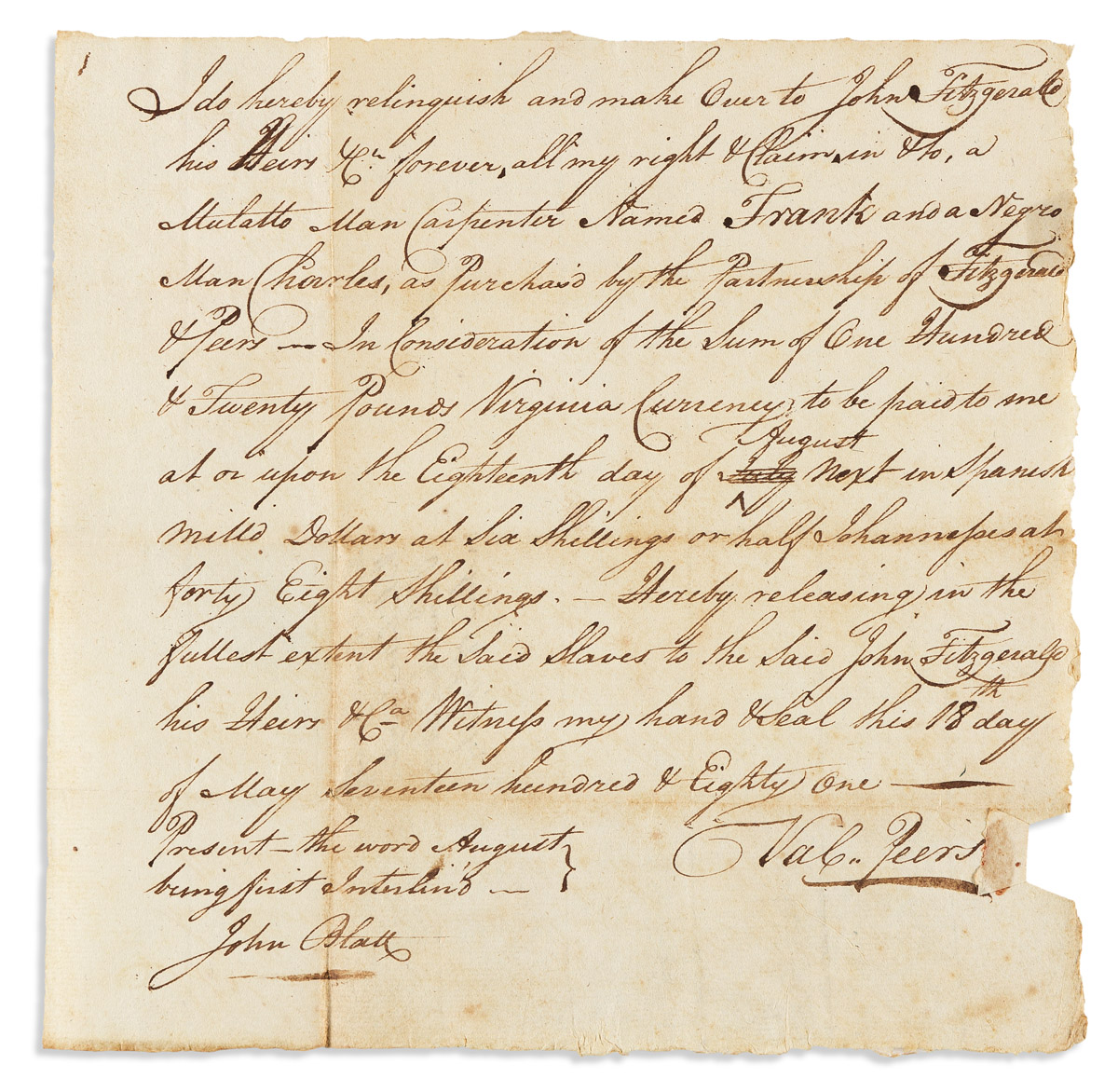 (SLAVERY & ABOLITION.) Deed of an enslaved man to a close associate of George Washington.